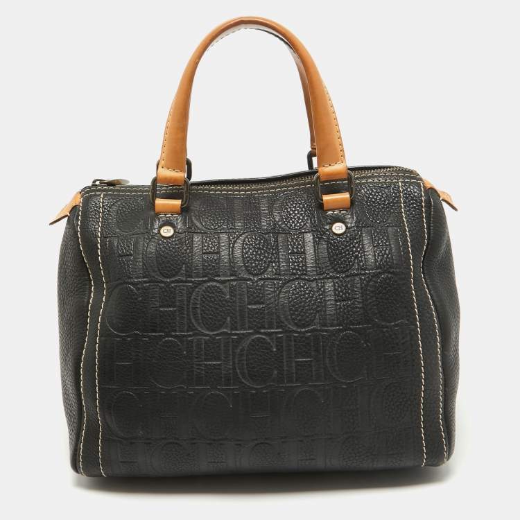 Pre Owned Carolina Herrera Black/Beige Monogram Embossed Leather Andy Boston Bag