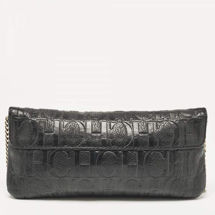 Pre Owned Carolina Herrera Black Monogram Embossed Leather Bow Flap Chain Clutch