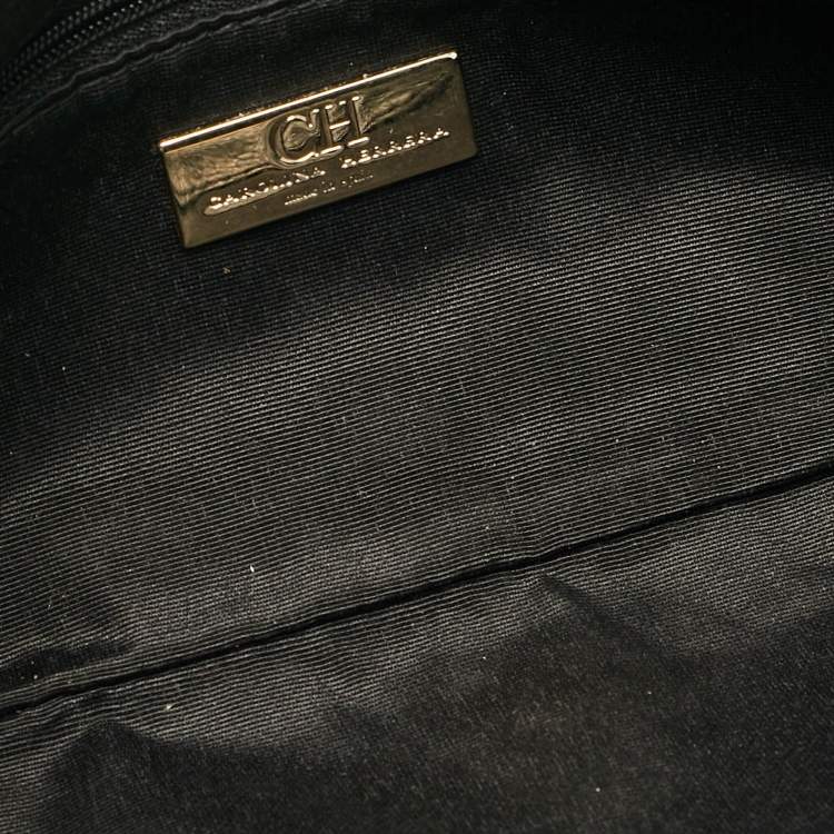 Pre Owned Carolina Herrera Black Monogram Embossed Leather Bow Flap Chain Clutch