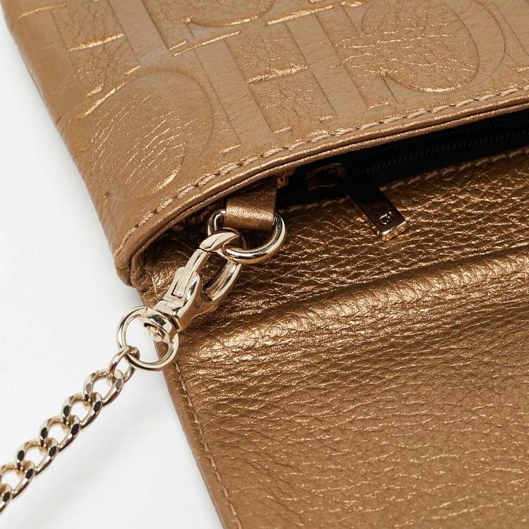 Pre Owned Carolina Herrera Gold Monogram Embossed Leather Audrey Chain Clutch