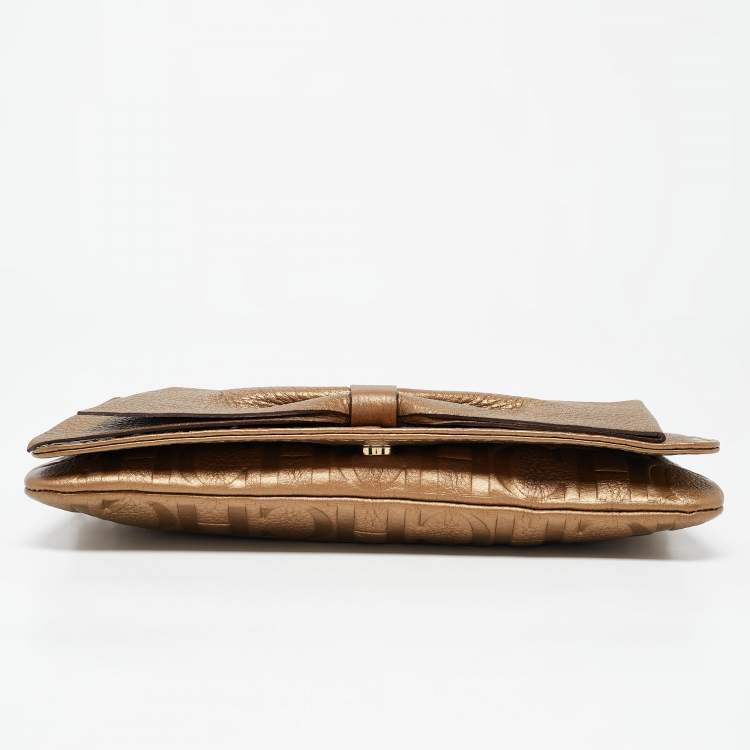 Pre Owned Carolina Herrera Gold Monogram Embossed Leather Audrey Chain Clutch