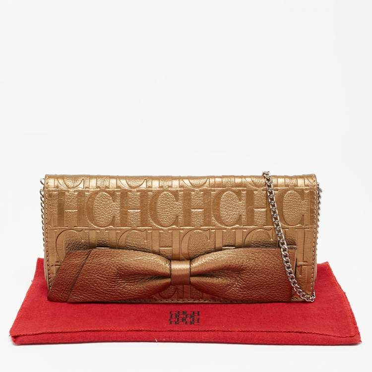 Pre Owned Carolina Herrera Gold Monogram Embossed Leather Audrey Chain Clutch