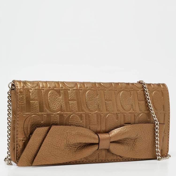 Pre Owned Carolina Herrera Gold Monogram Embossed Leather Audrey Chain Clutch