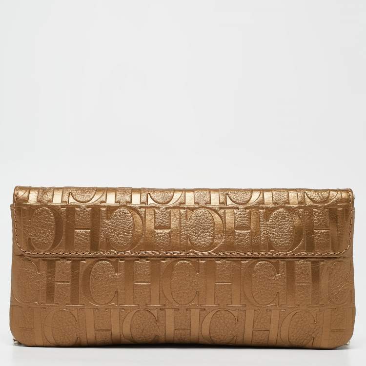 Pre Owned Carolina Herrera Gold Monogram Embossed Leather Audrey Chain Clutch