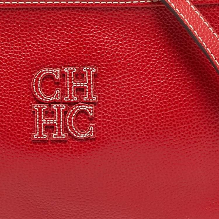 Pre Owned Carolina Herrera Red Leather Logo Zip Crossbody Bag