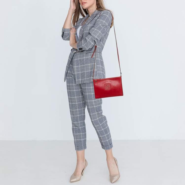 Pre Owned Carolina Herrera Red Leather Logo Zip Crossbody Bag
