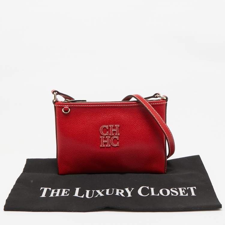 Pre Owned Carolina Herrera Red Leather Logo Zip Crossbody Bag