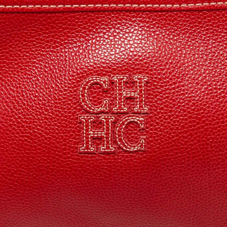 Pre Owned Carolina Herrera Red Leather Logo Zip Crossbody Bag