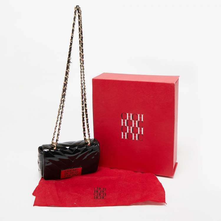 Pre Owned Carolina Herrera Black Chevron Patent Leather Mini Bimba Chain Bag