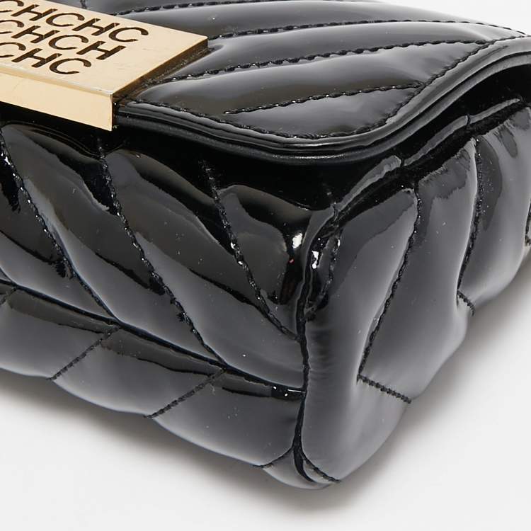 Pre Owned Carolina Herrera Black Chevron Patent Leather Mini Bimba Chain Bag
