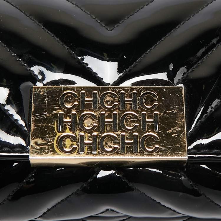 Pre Owned Carolina Herrera Black Chevron Patent Leather Mini Bimba Chain Bag