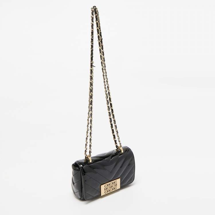Pre Owned Carolina Herrera Black Chevron Patent Leather Mini Bimba Chain Bag