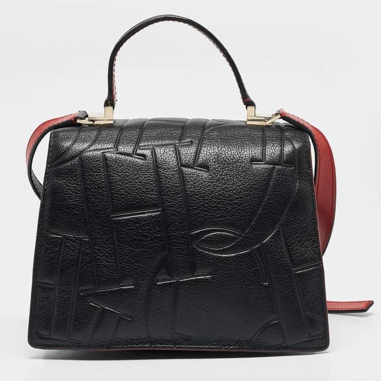 Pre Owned Carolina Herrera Black Embossed Leather Pushlock Flap Top Handle Bag