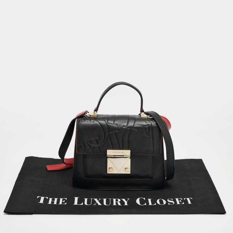 Pre Owned Carolina Herrera Black Embossed Leather Pushlock Flap Top Handle Bag