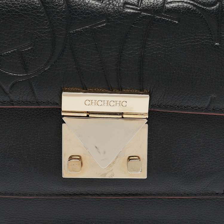 Pre Owned Carolina Herrera Black Embossed Leather Pushlock Flap Top Handle Bag