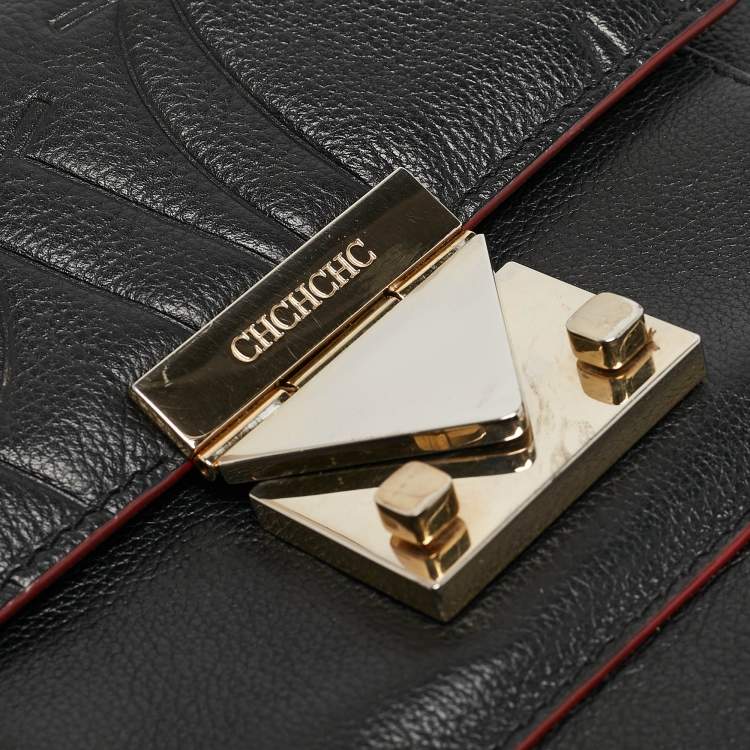 Pre Owned Carolina Herrera Black Embossed Leather Pushlock Flap Top Handle Bag