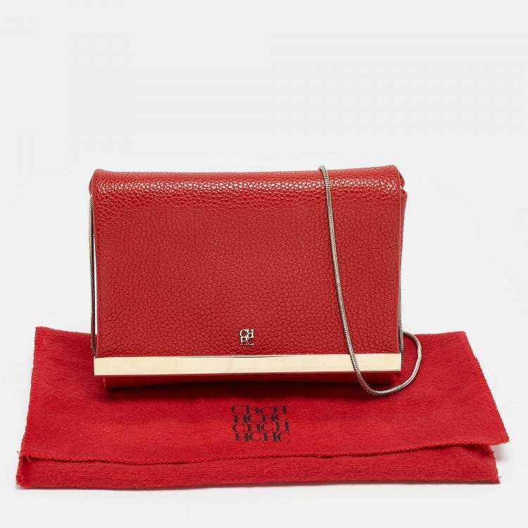 Pre Owned Carolina Herrera Red Leather Metal Flap Chain Clutch