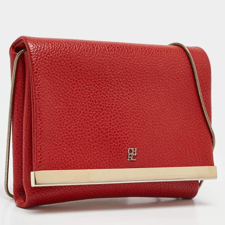 Pre Owned Carolina Herrera Red Leather Metal Flap Chain Clutch