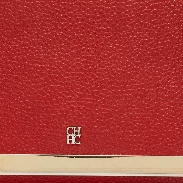 Pre Owned Carolina Herrera Red Leather Metal Flap Chain Clutch