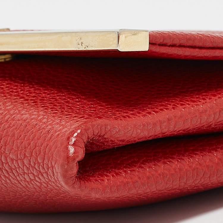 Pre Owned Carolina Herrera Red Leather Metal Flap Chain Clutch