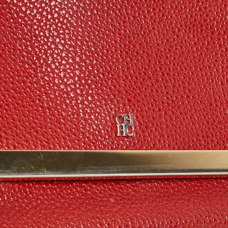 Pre Owned Carolina Herrera Red Leather Metal Flap Chain Clutch