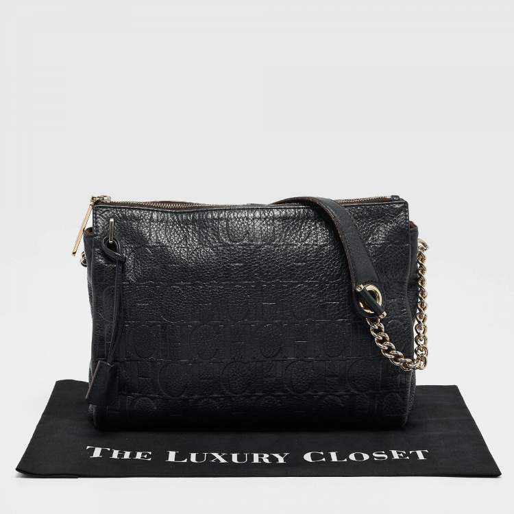 Pre Owned Carolina Herrera Navy Blue Monogram Embossed Leather Chain Shoulder Bag