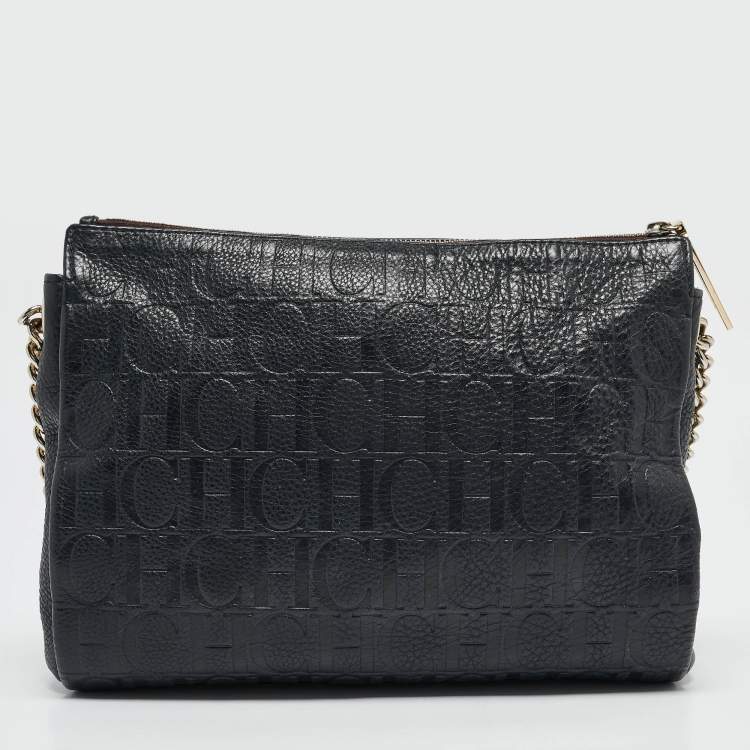 Pre Owned Carolina Herrera Navy Blue Monogram Embossed Leather Chain Shoulder Bag