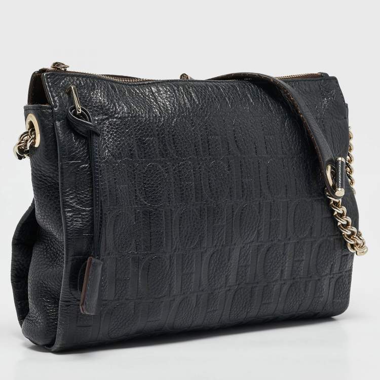 Pre Owned Carolina Herrera Navy Blue Monogram Embossed Leather Chain Shoulder Bag