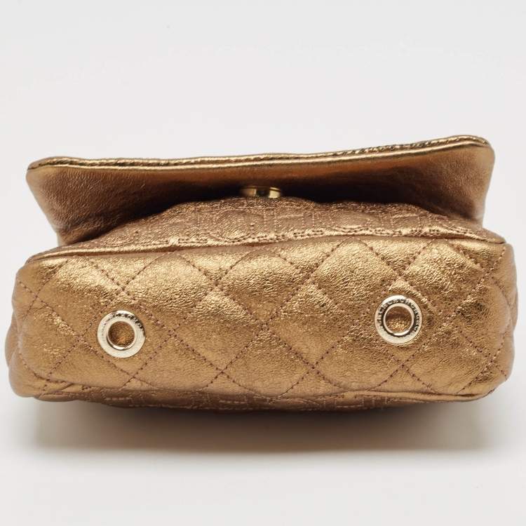 Pre Owned Carolina Herrera Gold Logo Embossed Leather Embellished Shoulder Bag