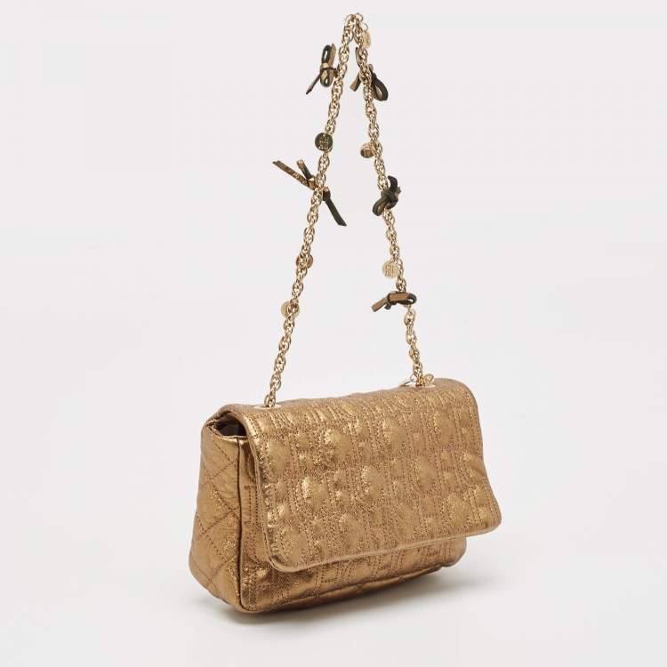 Pre Owned Carolina Herrera Gold Logo Embossed Leather Embellished Shoulder Bag