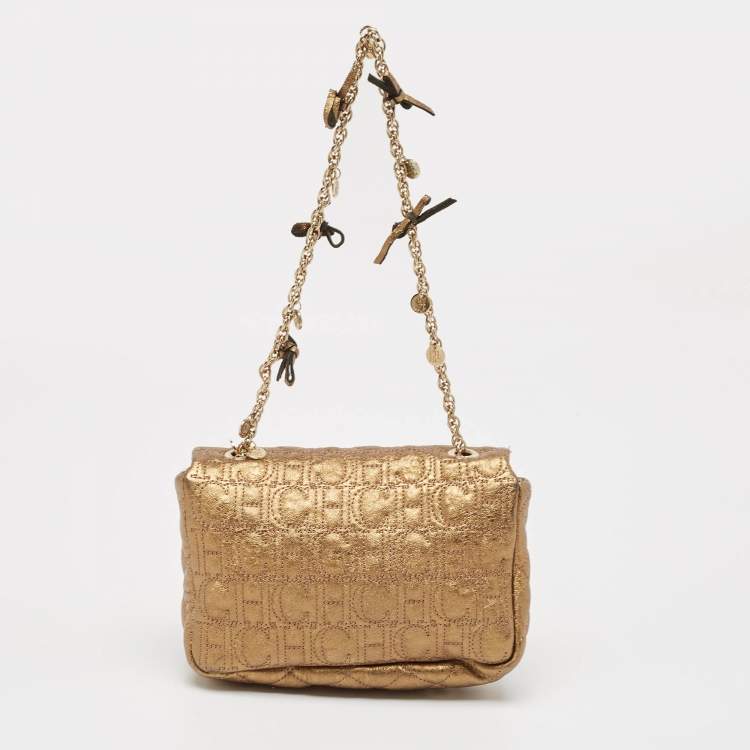Pre Owned Carolina Herrera Gold Logo Embossed Leather Embellished Shoulder Bag