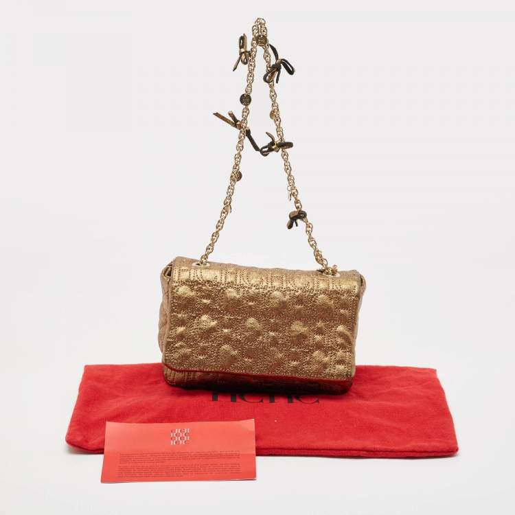 Pre Owned Carolina Herrera Gold Logo Embossed Leather Embellished Shoulder Bag
