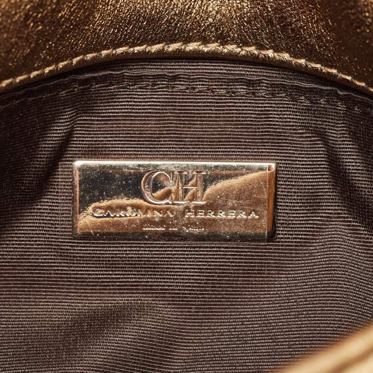 Pre Owned Carolina Herrera Gold Logo Embossed Leather Embellished Shoulder Bag