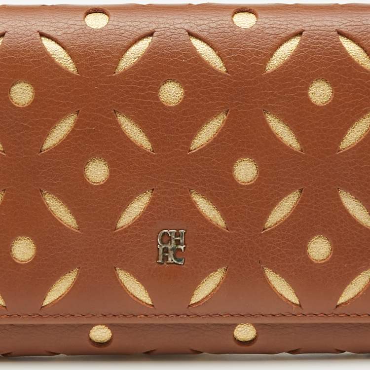 Pre Owned Carolina Herrera Brown/Gold Leather Lasercut Flap Continental Wallet