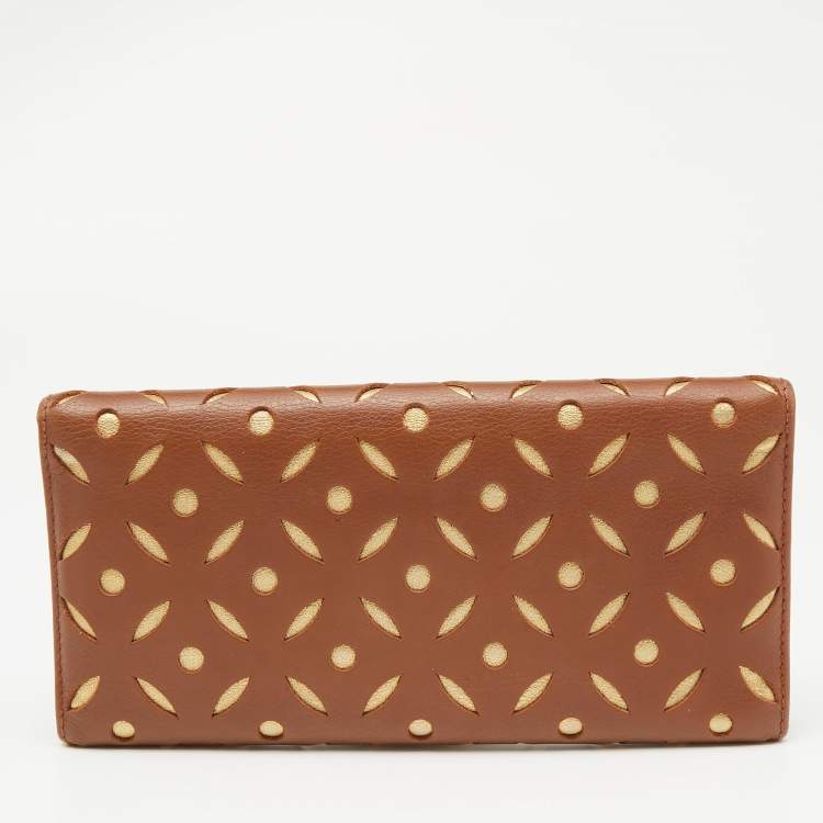 Pre Owned Carolina Herrera Brown/Gold Leather Lasercut Flap Continental Wallet