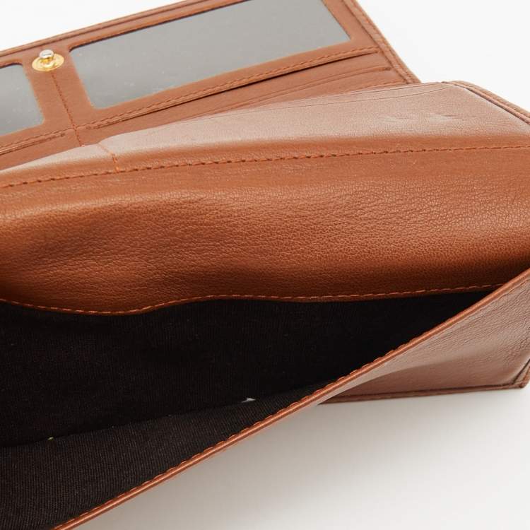 Pre Owned Carolina Herrera Brown/Gold Leather Lasercut Flap Continental Wallet