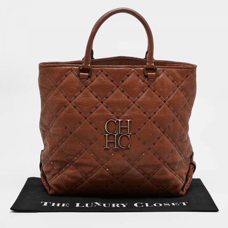 Pre Owned Carolina Herrera Brown Quilted Leather Studded Logo Tote