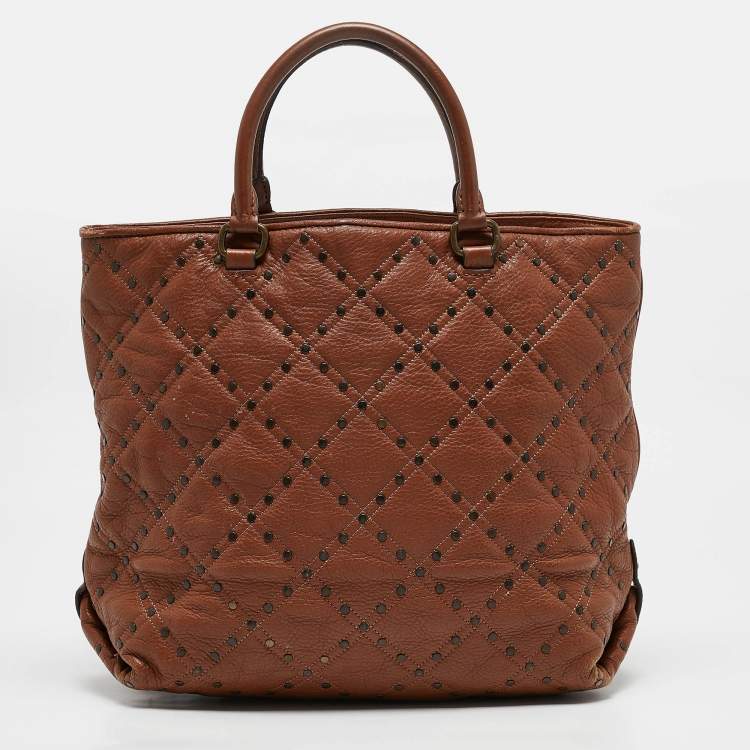 Pre Owned Carolina Herrera Brown Quilted Leather Studded Logo Tote
