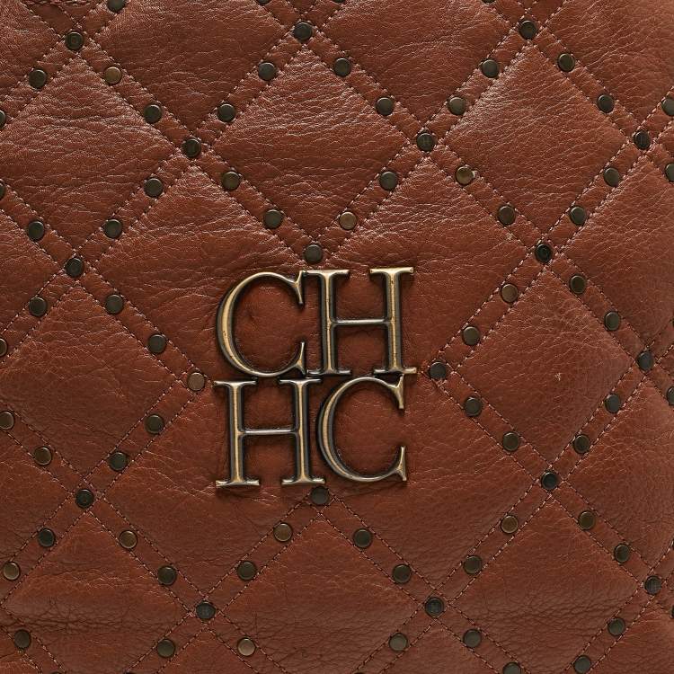 Pre Owned Carolina Herrera Brown Quilted Leather Studded Logo Tote
