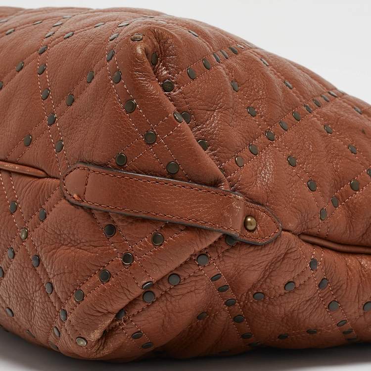 Pre Owned Carolina Herrera Brown Quilted Leather Studded Logo Tote