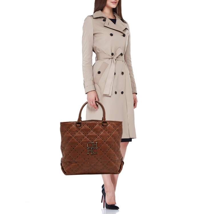 Pre Owned Carolina Herrera Brown Quilted Leather Studded Logo Tote