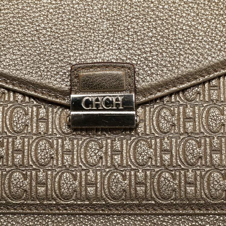 Pre Owned Carolina Herrera Gold Monogram Embossed Leather Flap Top Handle Bag