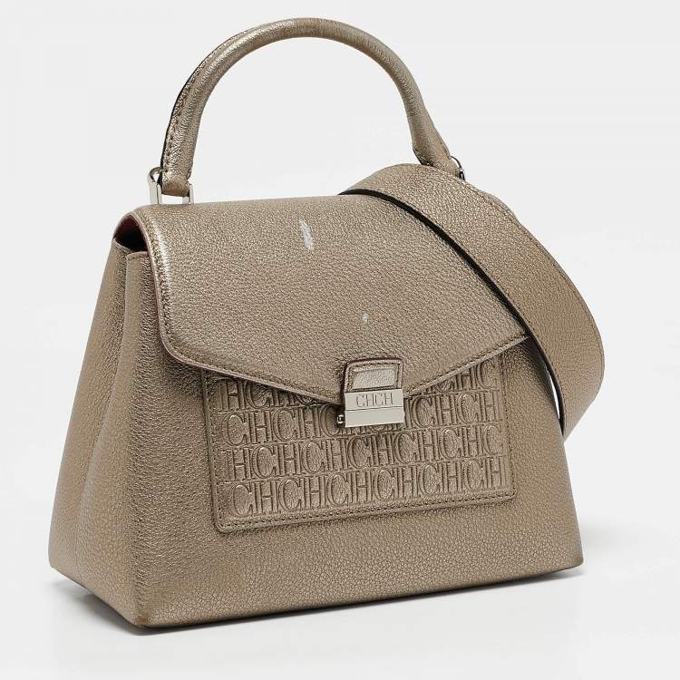 Pre Owned Carolina Herrera Gold Monogram Embossed Leather Flap Top Handle Bag