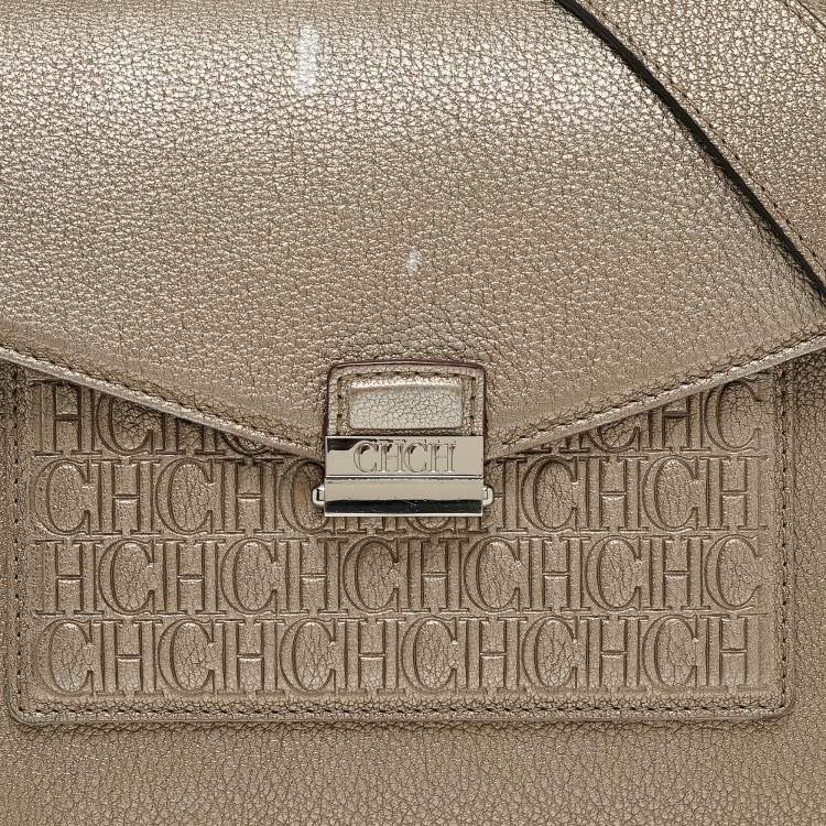 Pre Owned Carolina Herrera Gold Monogram Embossed Leather Flap Top Handle Bag