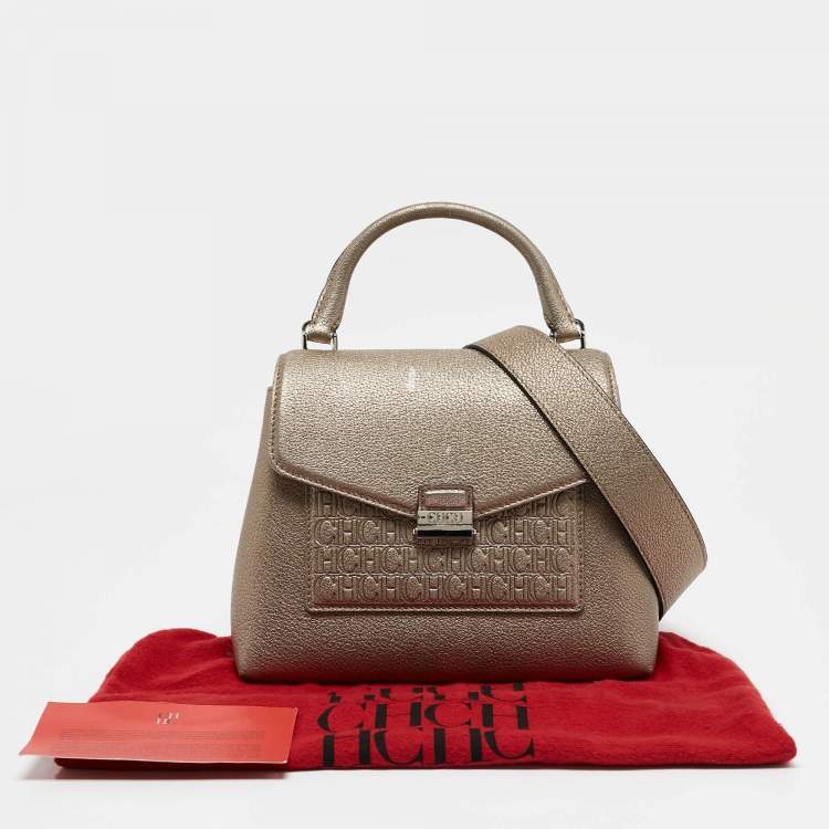 Pre Owned Carolina Herrera Gold Monogram Embossed Leather Flap Top Handle Bag