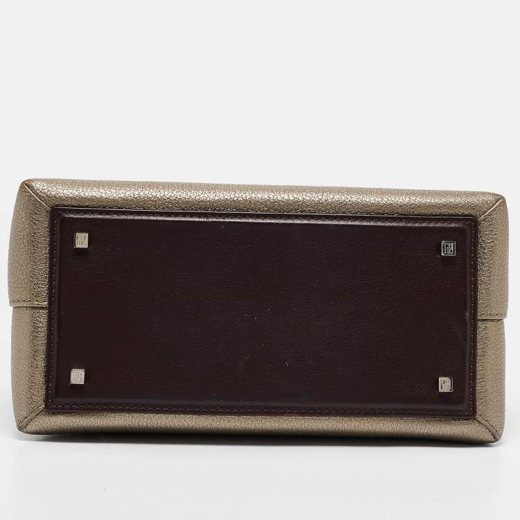 Pre Owned Carolina Herrera Gold Monogram Embossed Leather Flap Top Handle Bag