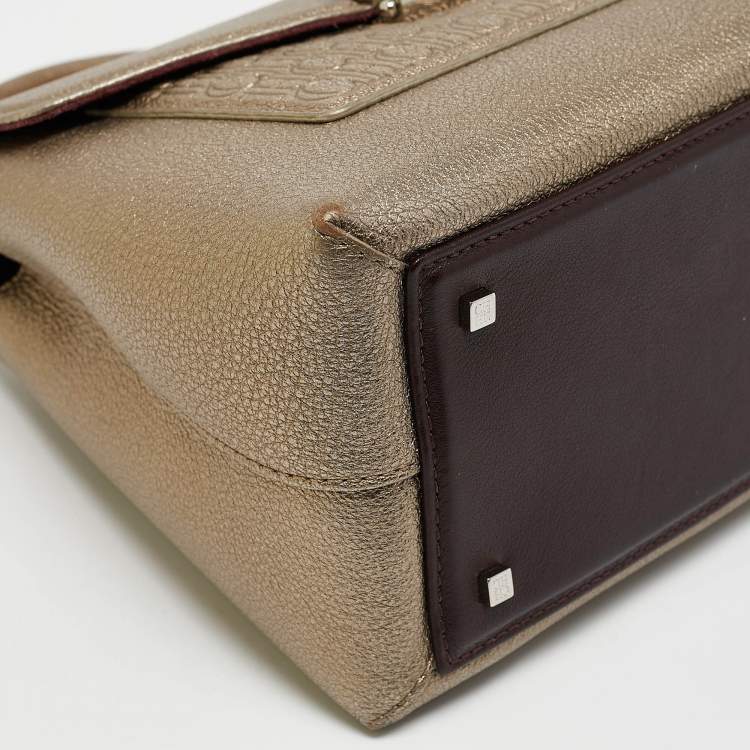 Pre Owned Carolina Herrera Gold Monogram Embossed Leather Flap Top Handle Bag