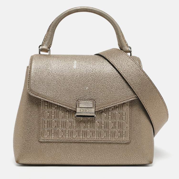 Pre Owned Carolina Herrera Gold Monogram Embossed Leather Flap Top Handle Bag