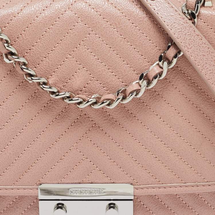 Pre Owned Carolina Herrera Light Pink Diagonal Quilt Leather Pushlock Flap Bag