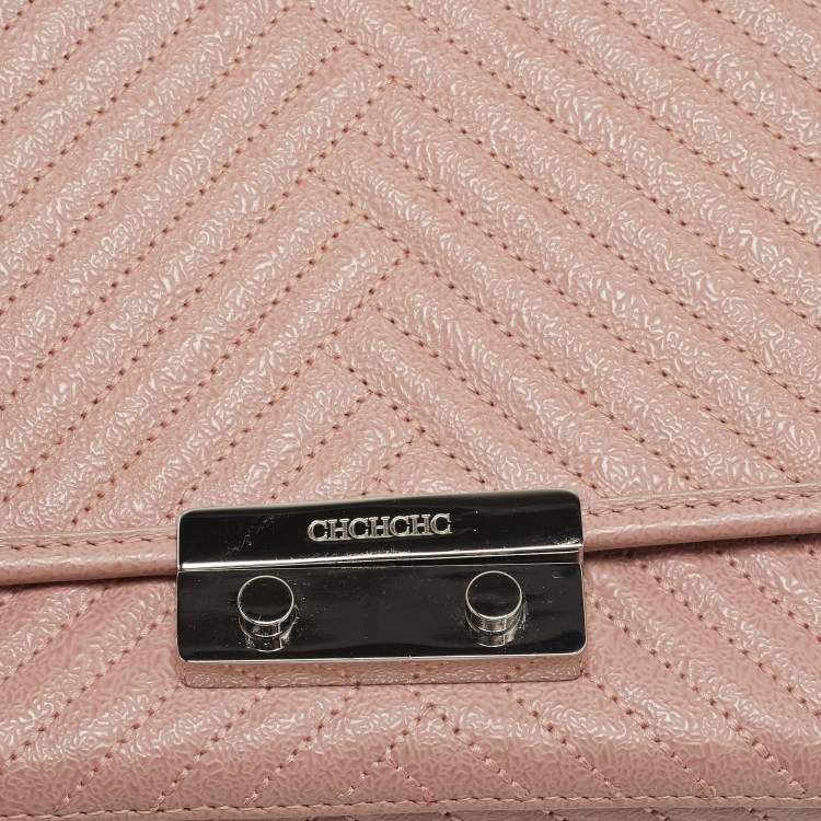 Pre Owned Carolina Herrera Light Pink Diagonal Quilt Leather Pushlock Flap Bag